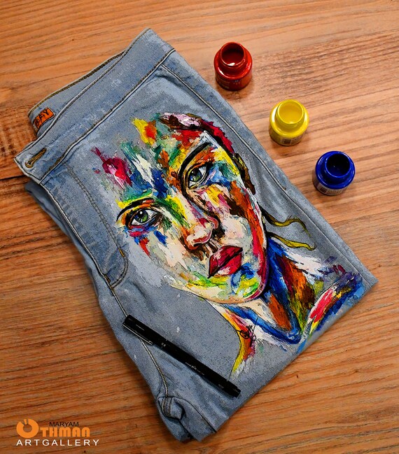 Hand Painted Custom Denim Jeans Portrait Mixed Colors Etsy