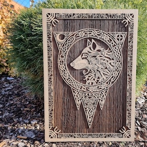 Woodburned Alpha wolf wall art, pyrography, viking art, norse mythology, Celtic art, wooden art, norsepagan, knotworking