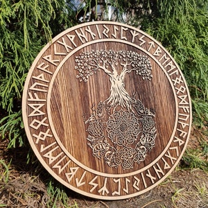 Yggdrasill the tree of life with big roots wood art, odin, heathen, pagan vegvisir, viking mythology elder futhark