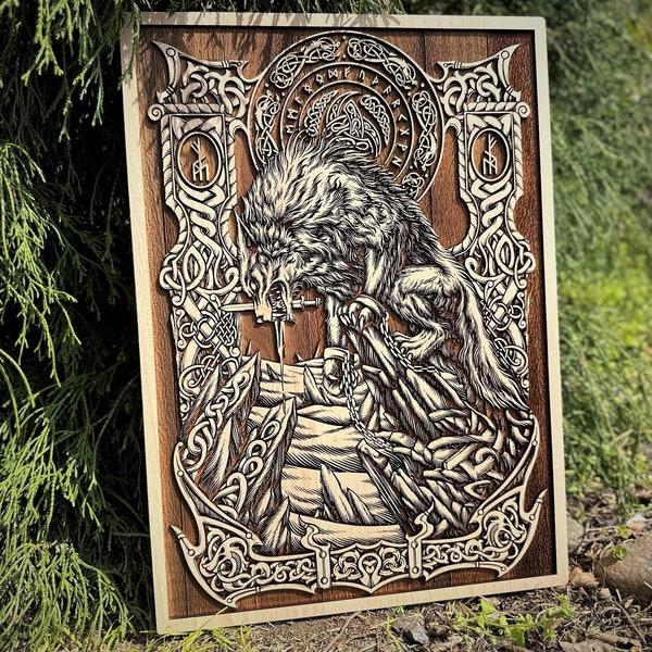 Norse Wolf Bound Fenrir Pagan Wall Art, Viking Mythology Art, Pagan Wall hanging, Rustic Wall hanging, Gift for viking