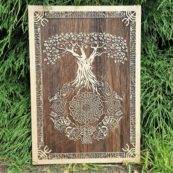 Yggdrasil the tree of life with roots, vegvisir with runic borders, odin, heathen, pagan vegvisir, viking mythology elder futhark