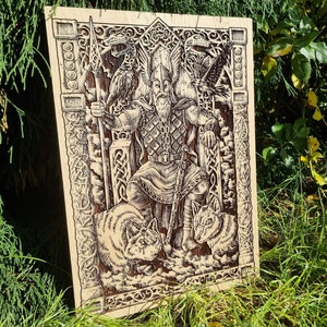 Pyrography Odin allfather with ravens and wolfs oak wall art, Odin allfather , viking mythology, Viking god, heathen, viking sculpture