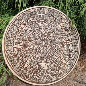 Oak Mayan calendar 2, Aztec calendar, aztec sun stone, aztec carved wall art, mythological art, old gods