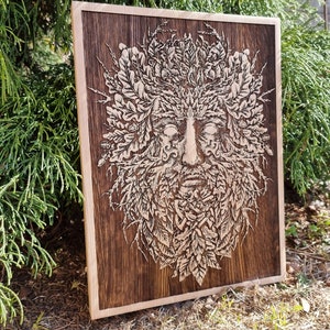 Wood burned green man , tree of life , viking mythology, runes, elder futhark, heathen, viking sculpture, vegvisir,