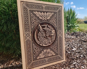 Norse Mythology Alpha Wolf Celtic Knot Wall Decor, Unique Carved Woodburn Art, Sacred Viking Pyrography Art, Norse Pagan, Oddity Home Decor