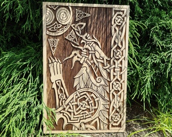 wall art of Fenrir viking wolf eating sun oak woodburned viking pagan art