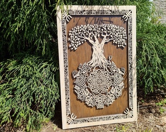 Viking Ash sculpture of tree of life yggdrasil with big roots finished with brown wax, pagan decor, viking decor