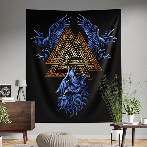 Norse mythology Valknut and Wolf Wall Tapestry Backdrop,Tapestry Wall Backdrop Hanging, Tapestry Wall Hanging Backdrop, Norse Gift