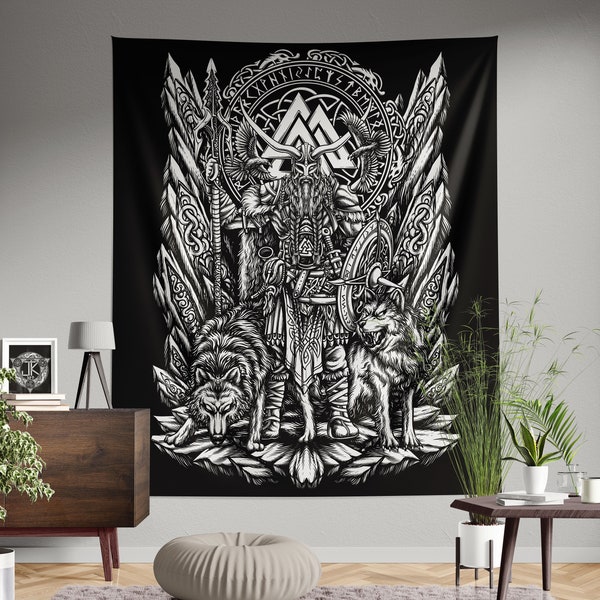Black and White Viking Odin Wall Tapestry Backdrop,Tapestry Wall Backdrop Hanging, Tapestry Wall Hanging Backdrop, Norse Gift