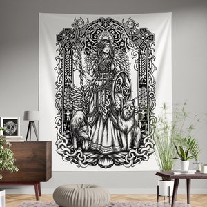 Black and white Viking Freya Wall Tapestry Backdrop,Tapestry Wall Backdrop Hanging, Tapestry Wall Hanging Backdrop, Norse Gift