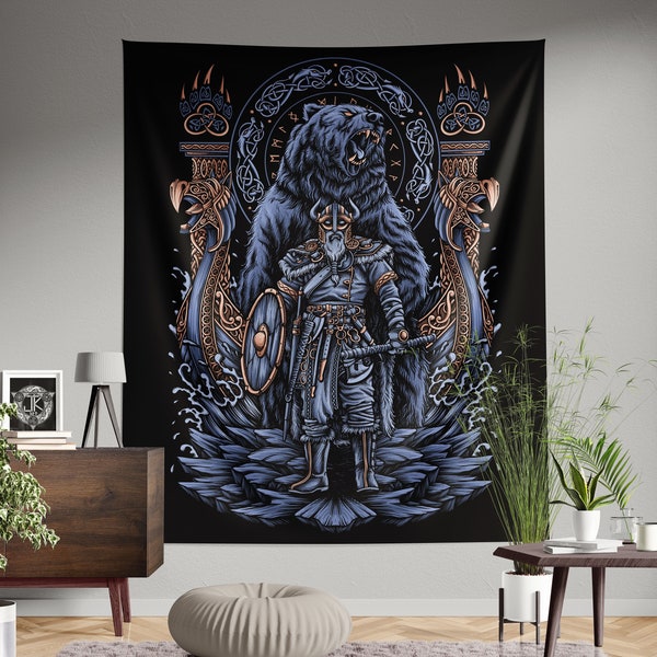 Black Viking Berserker Wall Tapestry Backdrop,Tapestry Wall Backdrop Hanging, Tapestry Wall Hanging Backdrop, Norse Gift