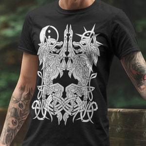 Norse Mythology Hati and Skoll Wolf T-Shirt, Viking Pagan Clothing, Medieval Nordic Tee Shirt Gift, Paganism, Scandinavian Vikings