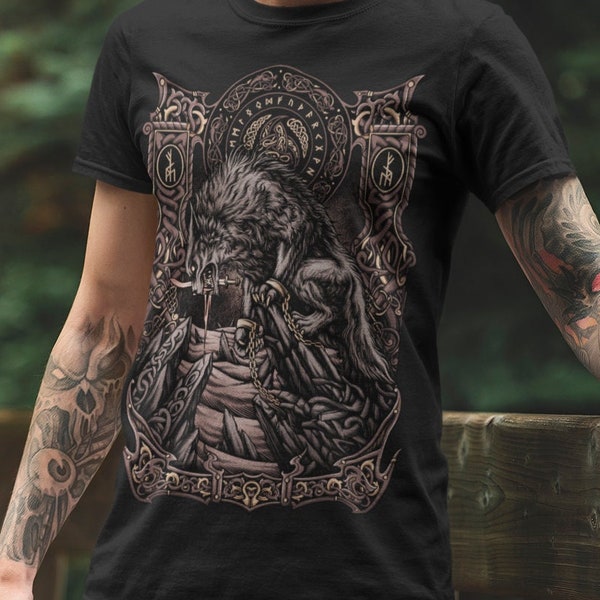 Norse Mythology Bound Fenrir Wolf T-Shirt, Viking Pagan Clothing, Medieval Nordic Tee Shirt Gift, Paganism, Scandinavian Vikings