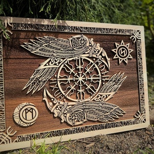 Viking Decor - Helm of Awe Odin Raven Huginn and Munnin Made With Super Detailed Knot Art Frame - Norse Mythology Home Wall Hanging