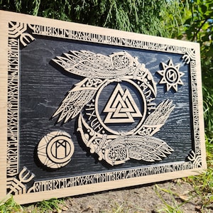 Valknut and odin ravens oak wood relief woodcarving finished with black wax