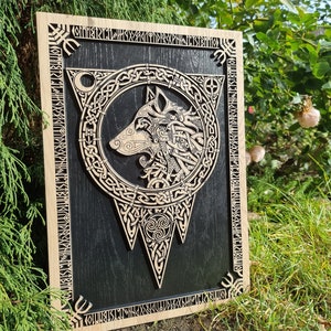 Viking Knotwork wolf oak wood relief, full version, wood carving finished with black wax