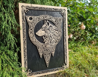 Viking Knotwork wolf oak wood relief, full version, wood carving finished with black wax