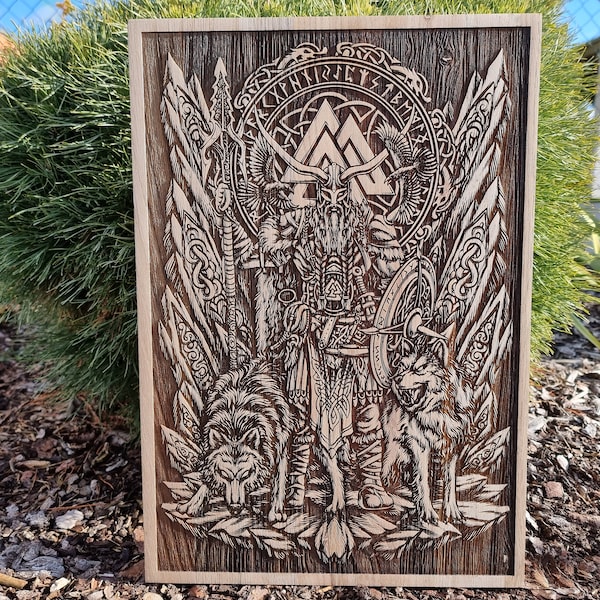 Odin with wolfs and valknut woodburned viking pagan art