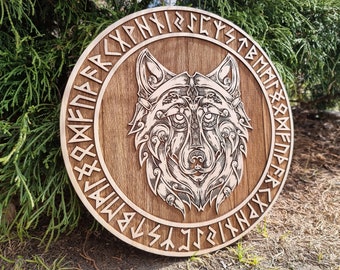 Wood burned Viking wolf head, hati, skoll, tree of life , viking mythology, runes, elder futhark, heathen, viking sculpture, vegvisir