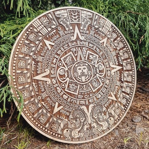 Oak Mayan calendar, Aztec calendar, aztec sun stone, aztec carved wall art, mythological art, old gods