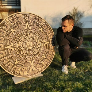 Aztec calendar with acrylic matt black, aztec sun stone, aztec carved wall art, mythological art, old gods