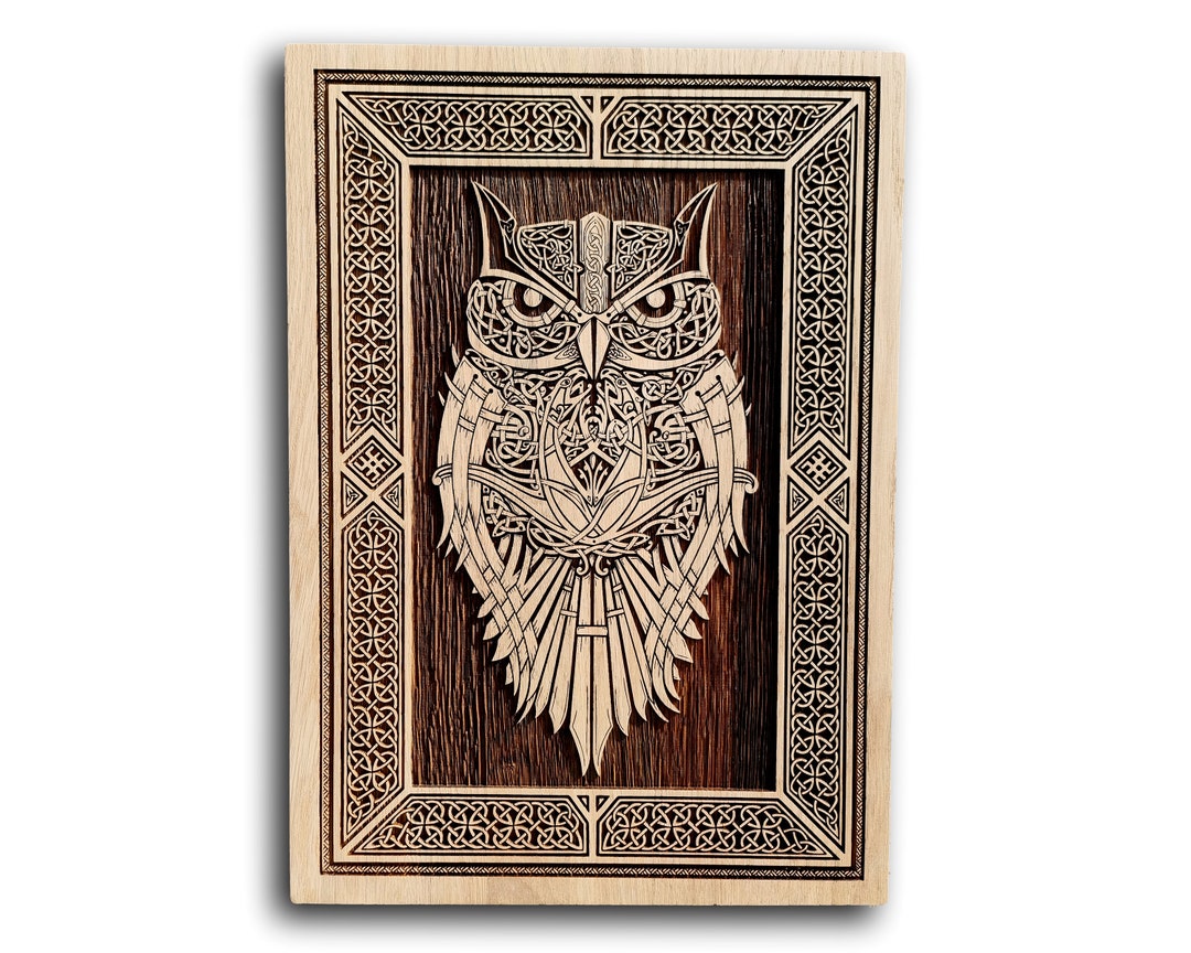 Norse Mythology Owl Celtic Knot Wall Decor, Unique Carved Woodburn Art, Sacred Viking Pyrography