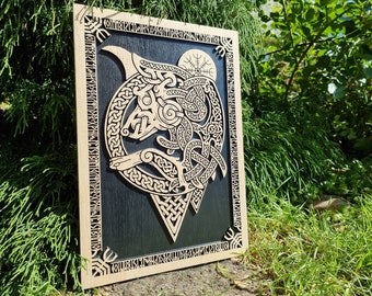 Norse Wolf oak wood relief woodcarving finished with black wax