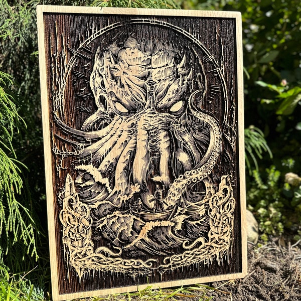 Cthulhu Woodburned Artwork, Fictional Entity Created by Fantasy-Horror Writer H.P. Lovecraft