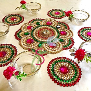 Diwali  rangoli mat special kundan rangoli indian decoration set festive Home Decor Housewarming gift pearl & beds rangoli Navratri decor