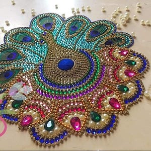 Beaded Peacock Rangoli Mat: Indian Diwali Home Decor