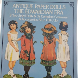 May include: Antique paper dolls from the Edwardian era. The set includes eight two-sided dolls and 32 complete costumes and accessories, all in full color. The dolls are dressed in various Edwardian-era fashions, including dresses, coats, and hats. The dolls are printed on thick paper and are ready to be cut out and played with.