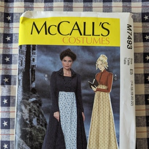 May include: McCall's Costumes sewing pattern M7493. The pattern features illustrations of two women in period costumes. The cover is yellow with the McCall's logo and the text "COSTUMES". The size is E5, for sizes 14-22. Designed and printed in the USA.