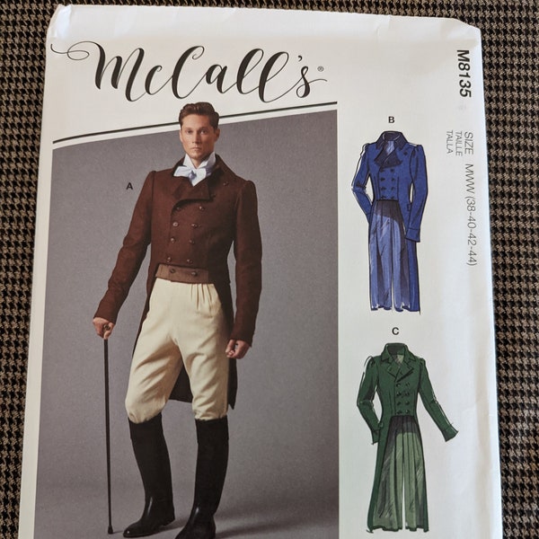 McCalls 8135 / M8135 / Mister Darcy Mens Coat / Men's Long Cutaway Coat Pattern / Mr. Scrooge Costume