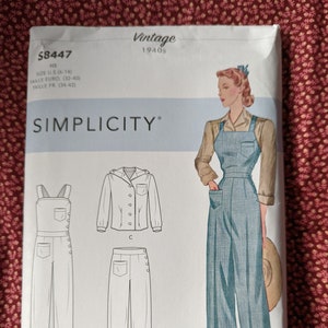 May include: Vintage Simplicity sewing pattern 58447 from the 1940s. The pattern includes instructions for a jumpsuit, a collared shirt, and trousers. The illustration on the front shows a woman wearing the jumpsuit. The pattern size is US 6-14.