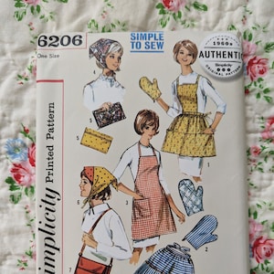 Simplicity 6206 / Authentic 1960s Apron Pattern / Scarf Apron Oven Mitt Pattern / S6206