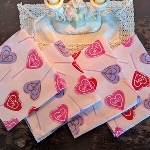 Valentine&#39;s Cloth Napkins/ Lollipop Cloth Napkins/ Conversation heart Napkins/ Sustainable Napkins/ Set of  four