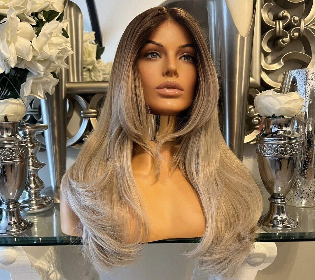 Blonde Lace Front Wig Ash Blonde Fringe Wig Centre Part Wig Bangs