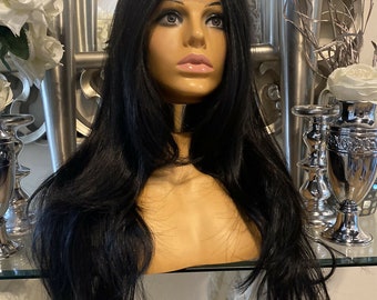 Black Human Hair Blended Lace Front Wig Wavy Wig Black Wig Kim K Wig Layered Wig