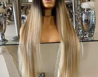 blonde human hair blend Lace Front Wig Kim K Chestnut Blonde Wig Long Ombré Wig