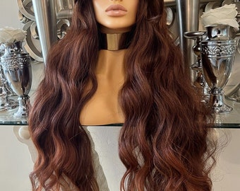 Auburn Red human hair blend Lace Front wig Centre Part Wig Long Copper 99j