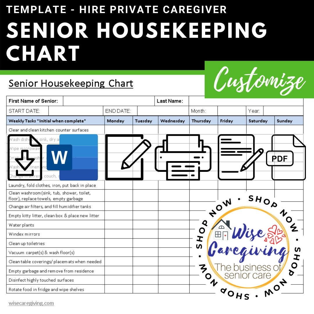 Senior Housekeeping Checklist Form Caregiving Task List Hire | Etsy