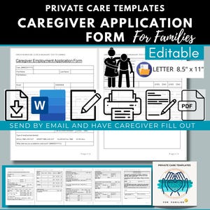 Caregiver Application Form Template: Hiring Private Care Assistance | Non-Medical Services | MS Word | Editable | Printable