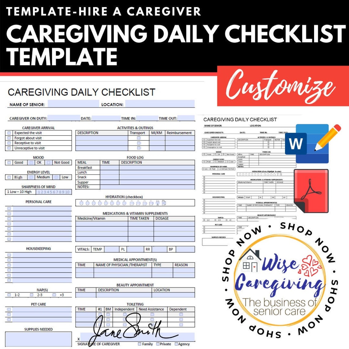 Caregiving Daily Checklist Caregiver Log Elderly Care Visit Etsy