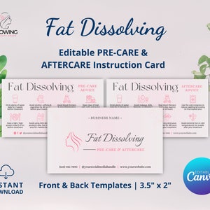 Puede incluir: Plantilla de tarjeta de instrucciones de pre-cuidado y post-cuidado editable para tratamientos de disolución de grasa. La tarjeta rosa y blanca presenta un rostro femenino estilizado y el texto "Fat Dissolving - Pre-Care & Aftercare". La parte posterior de la tarjeta incluye una lista de instrucciones de pre-cuidado y post-cuidado. La tarjeta mide 8,9 cm por 5,1 cm.