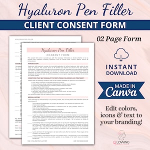 Editable Hyaluron Pen Filler Consent Form, Hyaluronic Acid Filler Pen Consent Form, Lip Filler Injection, Skin Rejuvenation Esthetician Form