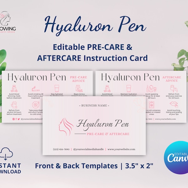 Hyaluron Pen Aftercare Card, Hyaluronic Pen Precare and Aftercare Card, Lip Filler Aftercare, Needleless Lip Filler Card, Esthetician Card