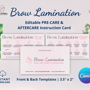 Bewerkbare sjabloon voor wenkbrauwlaminering, wenkbrauwlaminering nazorgkaarten, wenkbrauwlaminering, wenkbrauwtintverzorgingsinstructies, schoonheidsspecialistezorg