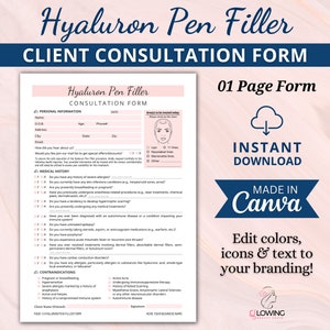 Editable Hyaluron Pen Filler Client Intake Consultation Form, Hyaluronic Acid Filler Pen, Lip Filler Injection, Esthetician Form, Canva