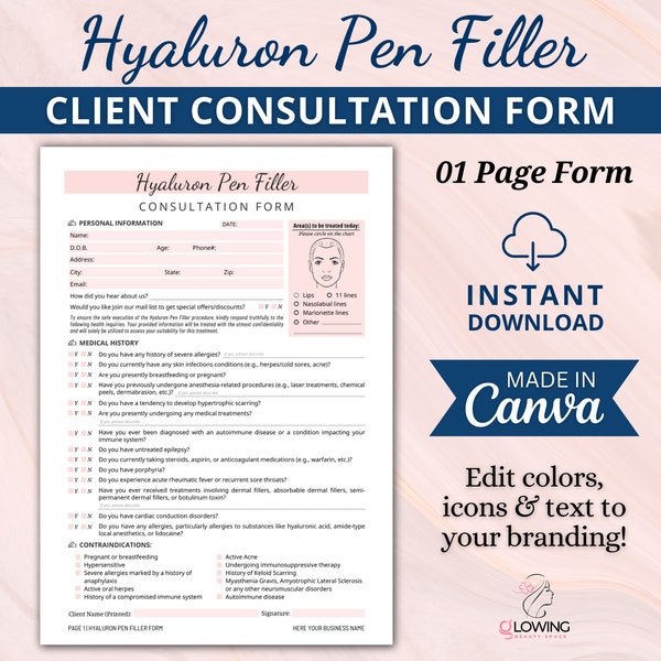 Editable Hyaluron Pen Filler Client Intake Consultation Form, Hyaluronic Acid Filler Pen, Lip Filler Injection, Esthetician Form, Canva