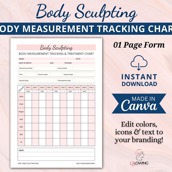 Editable Body Sculpting Treatment Chart, Body Contouring, Fat Cavitation, Body Measurement Form, Esthetician Form, Med Spa Form, Canva Temp